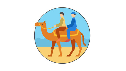 Two men riding camel through desert landscape together