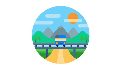 Vibrant road trip scene with bus on bridge