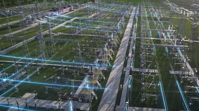 Visualization of moving energy moving through the wires of a power plant. Power transmission line with an animated visualization of the transmission of electricity through high-voltage wires. Aerial. 
