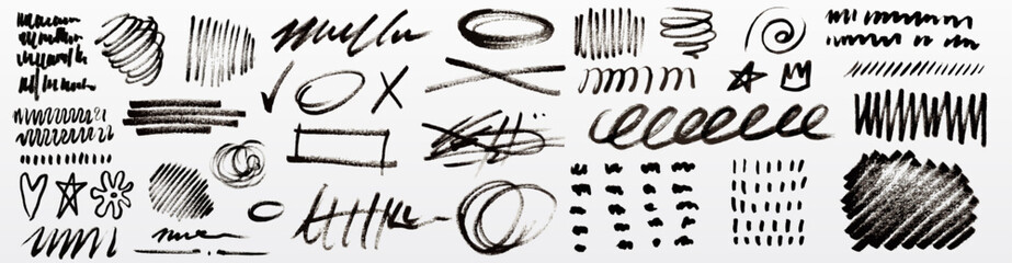 Fototapeta premium Abstract black crayon scribbles set isolated on white background. Vector realistic illustration of charcoal pencil or marker doodles, wavy bold and thin lines, curvy hand drawn frames, kids squiggles