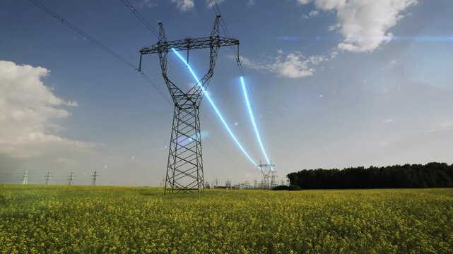Power transmission cable with an animated visualization of the transmission of electricity through high-voltage wires. Neon pulses of electricity move along the power line between the poles. 