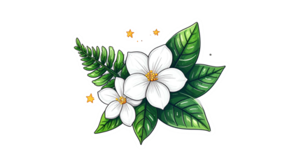 Stylized illustration of white flowers with green leaves and a fern against a black background