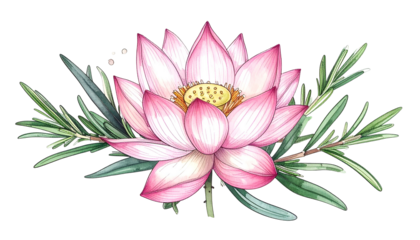 A watercolor-style floral arrangement of a lotus flower and sprigs on a black background