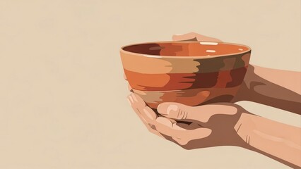 Hands holding a rustic ceramic bowl with warm earthy tones.