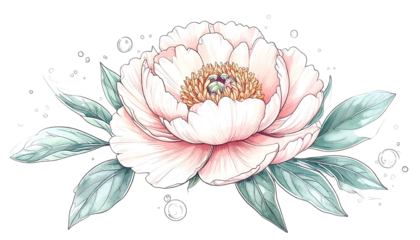 A delicate floral illustration of a blooming pink peony, leaves and water droplets