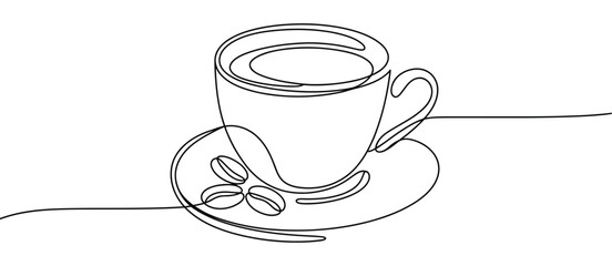 Single continuous line drawing of a cup of coffee featuring coffee beans and ceramic coaster on table for modern coffee house menus, wall art, and cafe logo design.