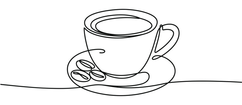 Single continuous line drawing of a cup of coffee featuring coffee beans and ceramic coaster on table for modern coffee house menus, wall art, and cafe logo design.