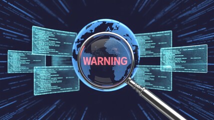 Warning sign on magnifying glass over globe with code background