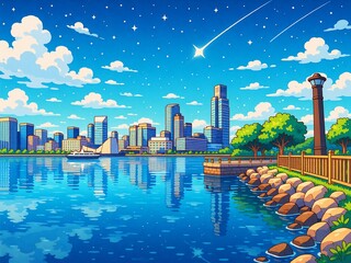 A beautiful Hong Kong landscape view. A vibrant city skyline reflects on calm waters under a starry sky with a shooting star.