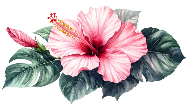 Watercolor depiction of a pink hibiscus blossom with leaves on a black background - Powered by Adobe