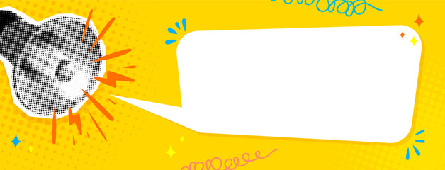 Pop Art Megaphone Halftone Textured Banner, Speech Bubble, Doodle Elements, Scribbles on Bright Yellow Comic Background. Social Media Bold Announcement Template with Copy Space. Vector Illustration