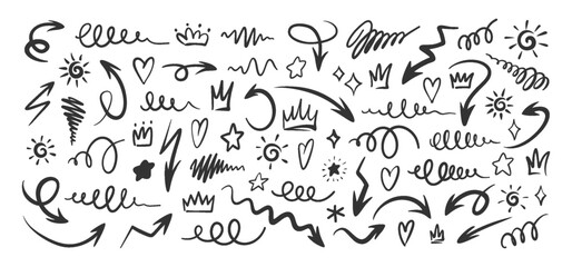 Arrows Hearts, Crowns Stars, Lightning and Scribbles Hand Drawn Doodle Decorative Elements Set. Black Ink Sketch Collection for Collage Highlights Annotations and Creative Design. Vector Illustration