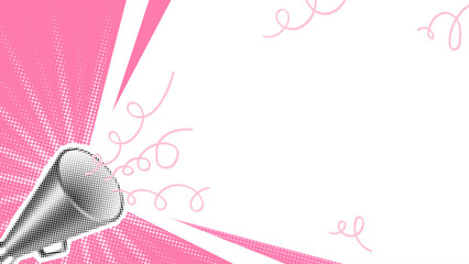 Megaphone Speech Collage Pop Art Flyer. Pink Halftone Rays Doodle Swirls on White Copy Space Background. Minimal Comic Style Announcement Poster. Dynamic Social Media Banner. Vector Illustration