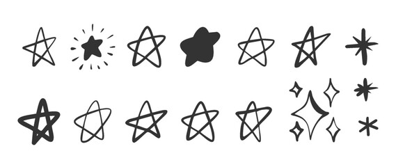 Star Sparkles Hand Drawn Doodle Icons Set in Sketch Style. Black Ink Stars, Sparkles and Abstract Star Shapes for Collage, Decorative Stickers, Kids Design, Branding. Vector Elements
