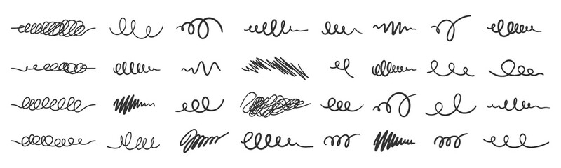 Scribbles Hand Drawn Line Doodle Strokes Set. Abstract Ink Swirls, Swashes, Curly Lines and Sketch Marks for Dividers, Highlights, Minimal Decorative Collage Elements. Vector Design.