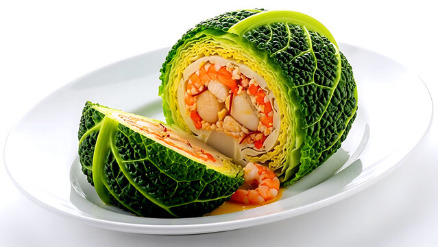 Haute cuisine. Spanish col rellena de mariscos (cabbage stuffed with seafood), a whole savoy cabbage filled with prawns, scallops, and monkfish in a saffron sauce 
