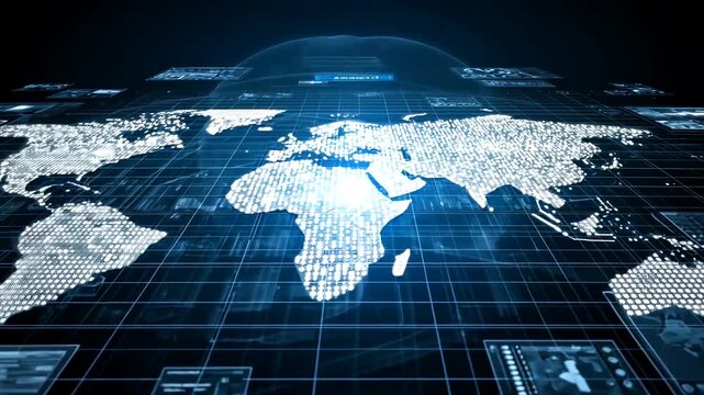 Global digital network connection technology with world map and binary code.