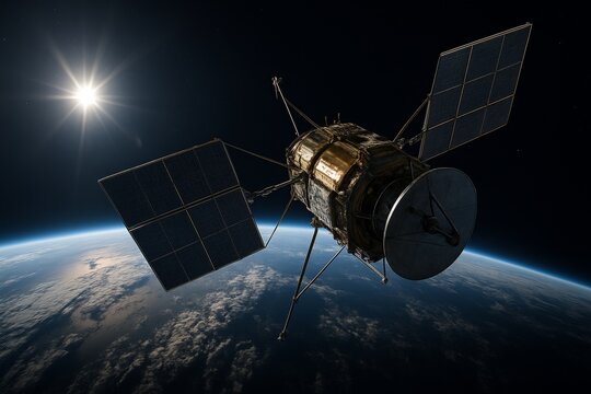 Satellite Orbiting Earth in Space with Solar Panels
