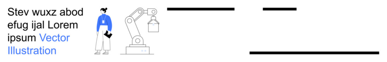 Obraz premium Automation, robotics, industry, manufacturing, human-machine collaboration, technology. Robotic arm and worker holding a control device. Automation and robotics concepts for industrial innovation