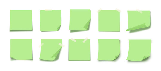 Green Sticky Notes Empty Template Pack with Folded Corners and Adhesive Tape. Minimal Clean Paper Memo Cards for Productivity Organization. Creative Office Blank Note Sticker Set. Vector Illustration