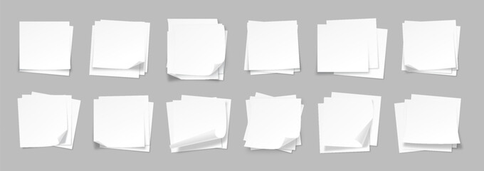 Blank Paper Sheets Stack Mockup Set with Realistic Shadows. Clean Empty Page with Curled Corners, Memo Sticky Notes, To Do List Minimal Template for Business and Office. Top View. Vector Illustration