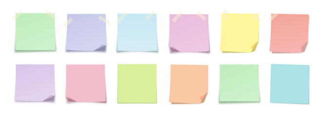 Pastel Sticky Notes Set with Taped and Folded Corners. Blank Colorful Memo Papers Mockup Collection for Business Planning, Education, Office Messages, Creative Design Projects. Vector Illustration