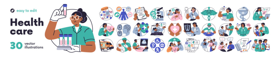 Health care set. Medical icons with doctors. Healthcare, checkup, medicines, online consultation, telemedicine, treatment, therapy in hospital. Flat vector illustration isolated on white background