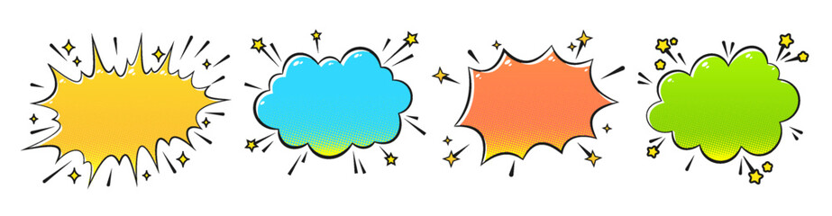Comic Speech Bubble Set with Colorful Pop Art Clouds Explosion. Cartoon Callout Halftone Texture Shapes for Wow, Bang, Boom Text effect, Expression Messages and Stickers. Vector Illustration