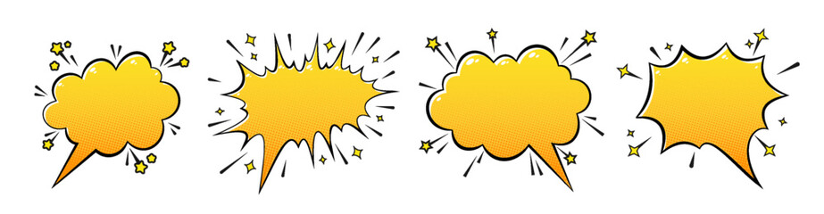 Speech Bubble with Starbursts, Sharp Action Lines Pop Art Set. Yellow Explosive Shapes, Halftone Texture, Star Accents. Retro Vector Frames for Headlines, Comic Book Dialogue, Captions, Sound Effects
