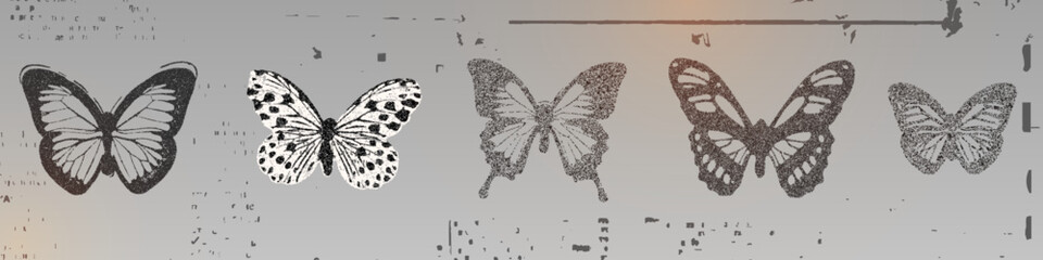 Butterfly photocopy set isolated on background. Vector realistic illustration of vintage halftone stickers with negative grain effect, y2k bitmap collage elements, summer nature poster