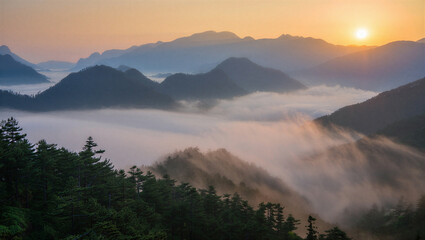 Golden sunrise illuminates a majestic mountain landscape where mist fills the valleys creating an ethereal scene New Year&rsquo;s Day