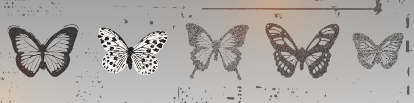 Butterfly photocopy set isolated on background. Vector realistic illustration of vintage halftone stickers with negative grain effect, y2k bitmap collage elements, summer nature poster