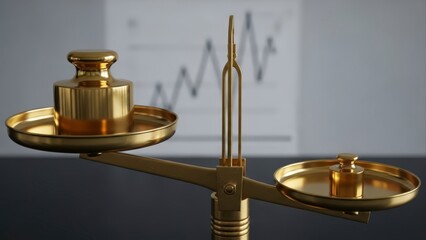 Golden Balance Scale with Weight and Financial Chart Background.