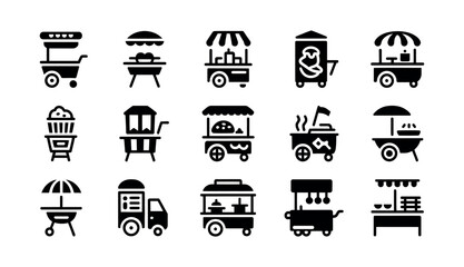 Street food cart and mobile food stall icon set in solid black flat design © Arshad
