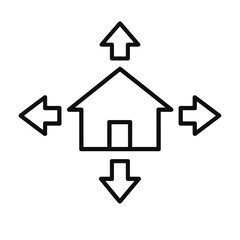 Thick-outline house relocation icon with outward arrows, ideal for moving services, relocation platforms, real estate transitions, and home delivery or logistics apps.
