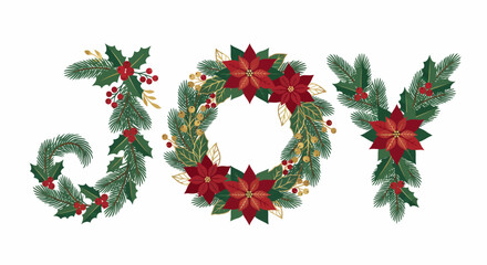 Christmas Typography: The Word JOY Made of Pine Branches and Poinsettias © madushanka