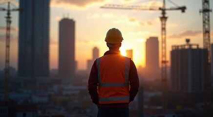 Construction worker standing in front of a city skyline