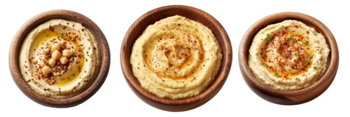 Creamy hummus garnished with olive oil, chili flakes, and mint leaves in wooden bowl, isolated on white background