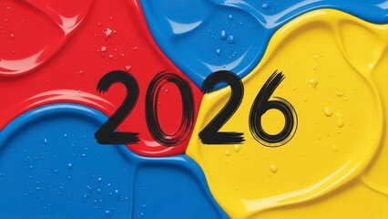 Vibrant 2026 Year Text Overlapping Swirls of Red Blue and Yellow Paint.