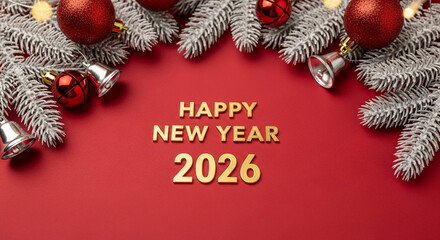 Festive arrangement featuring frosted branch, red bauble and metallic bell on red background. Represents New Year celebration, holiday spirit.