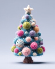 Whimsical knitted Christmas tree adorned with colorful fuzzy ornaments and a star topper