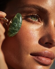 Close-up of a woman's face using a jade roller for skincare and facial massage