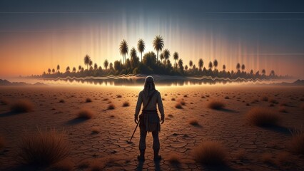 Warrior Gazing at Distant Oasis Mirage at Sunset.