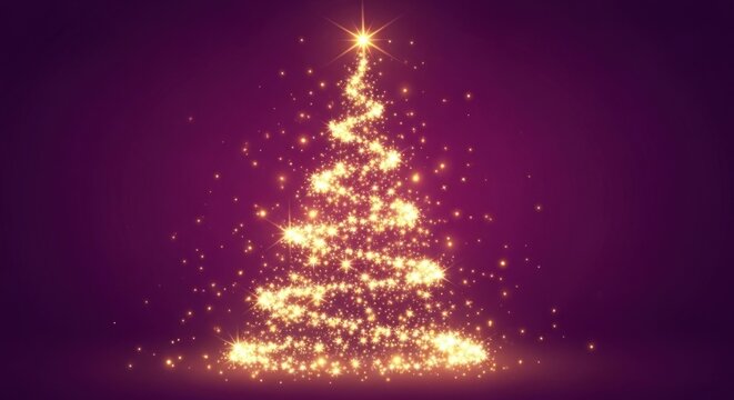 A Christmas tree with golden lights and stars on a purple background. - Powered by Adobe