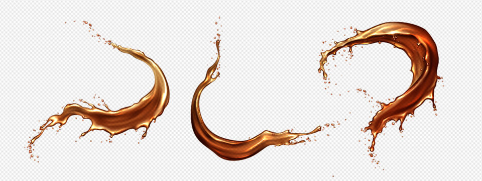 Cola splash with dynamic swirls and droplets on transparent backdrop. Realistic brown liquid waves with flowing motion and scattered bubbles for beverage advertising and cola product design.