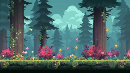 Enchanting pixel art forest with glowing flowers and floating orbs for game design