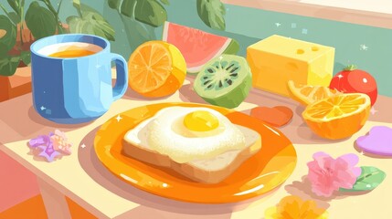 Bright and cheerful breakfast spread with fried egg on toast, fruit, and juice