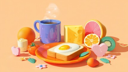 Whimsical breakfast spread with a fried egg toast, coffee, cheese, and colorful fruits