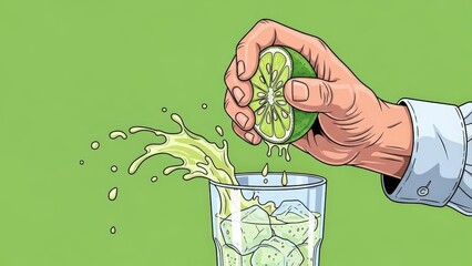 Hand squeezing fresh lime into a glass of ice water.