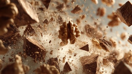Explosion of chocolate and walnuts in mid-air, creating a dynamic and delicious food scene